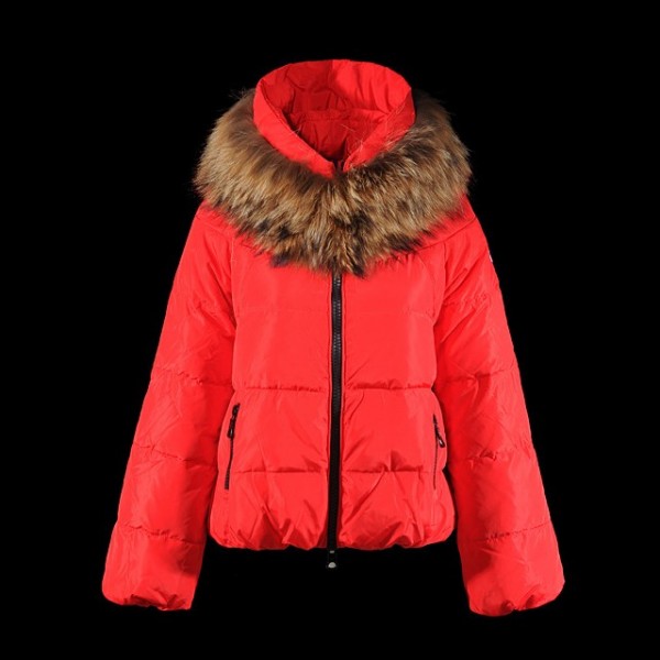 Moncler elegante collo di pelliccia rosso corto Cappotti